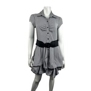 BCX Dress Womens M Black White Striped Puff Sleeve Shirt Style Belted Bubble Hem